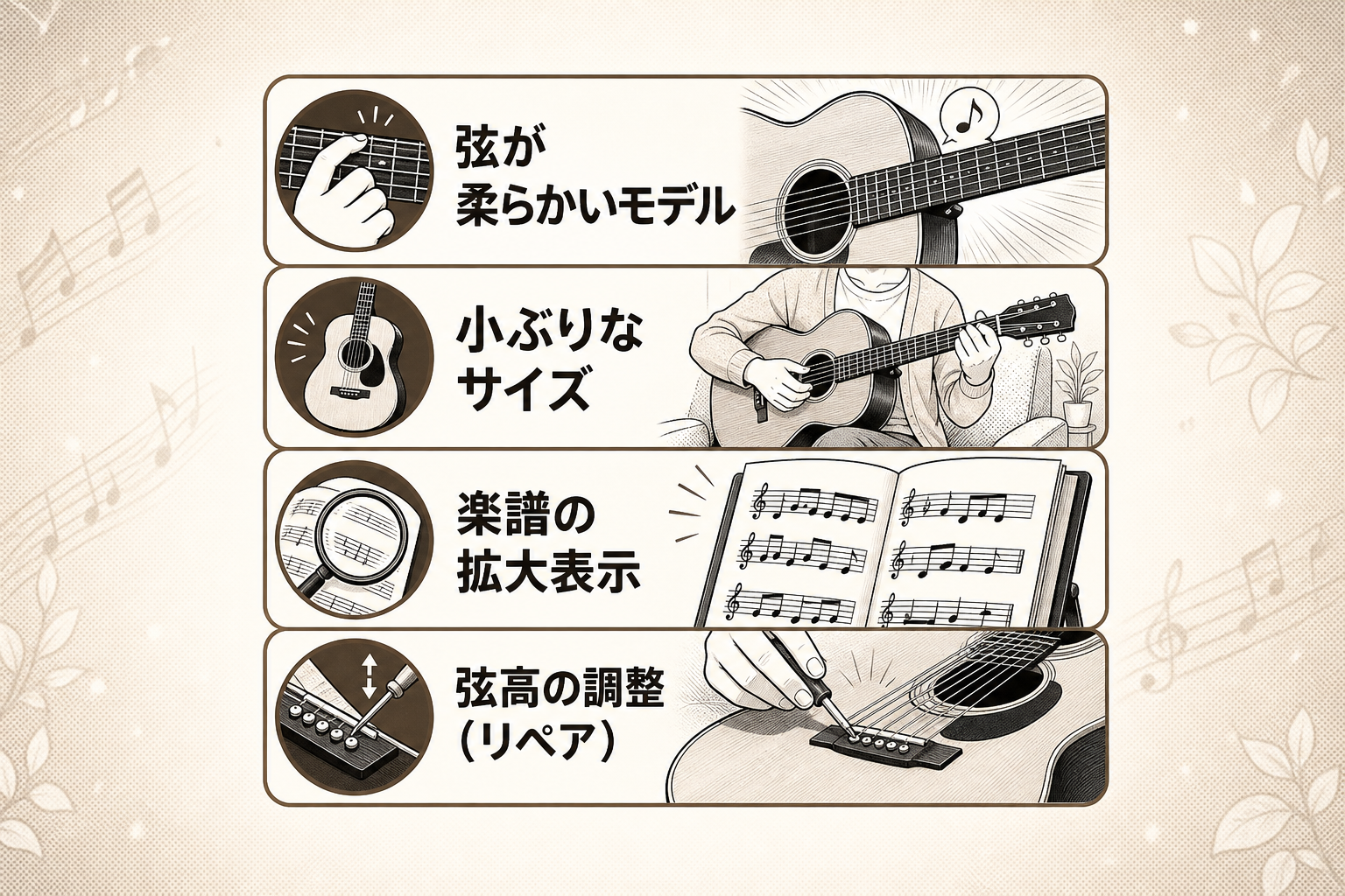 指の痛みや視力の不安を解消するシニア向けギターの選び方とは？ [比較/箇条書き]