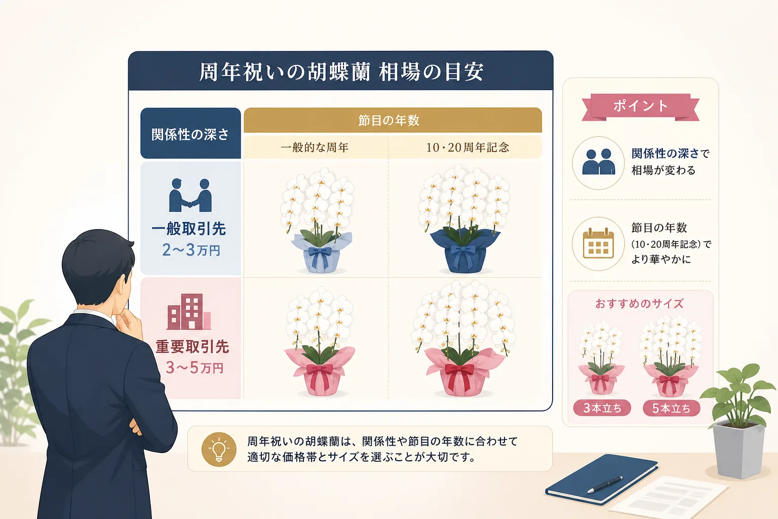 取引先との関係性や設立節目年数に応じた胡蝶蘭の予算相場と推奨本数を示すデータチャート