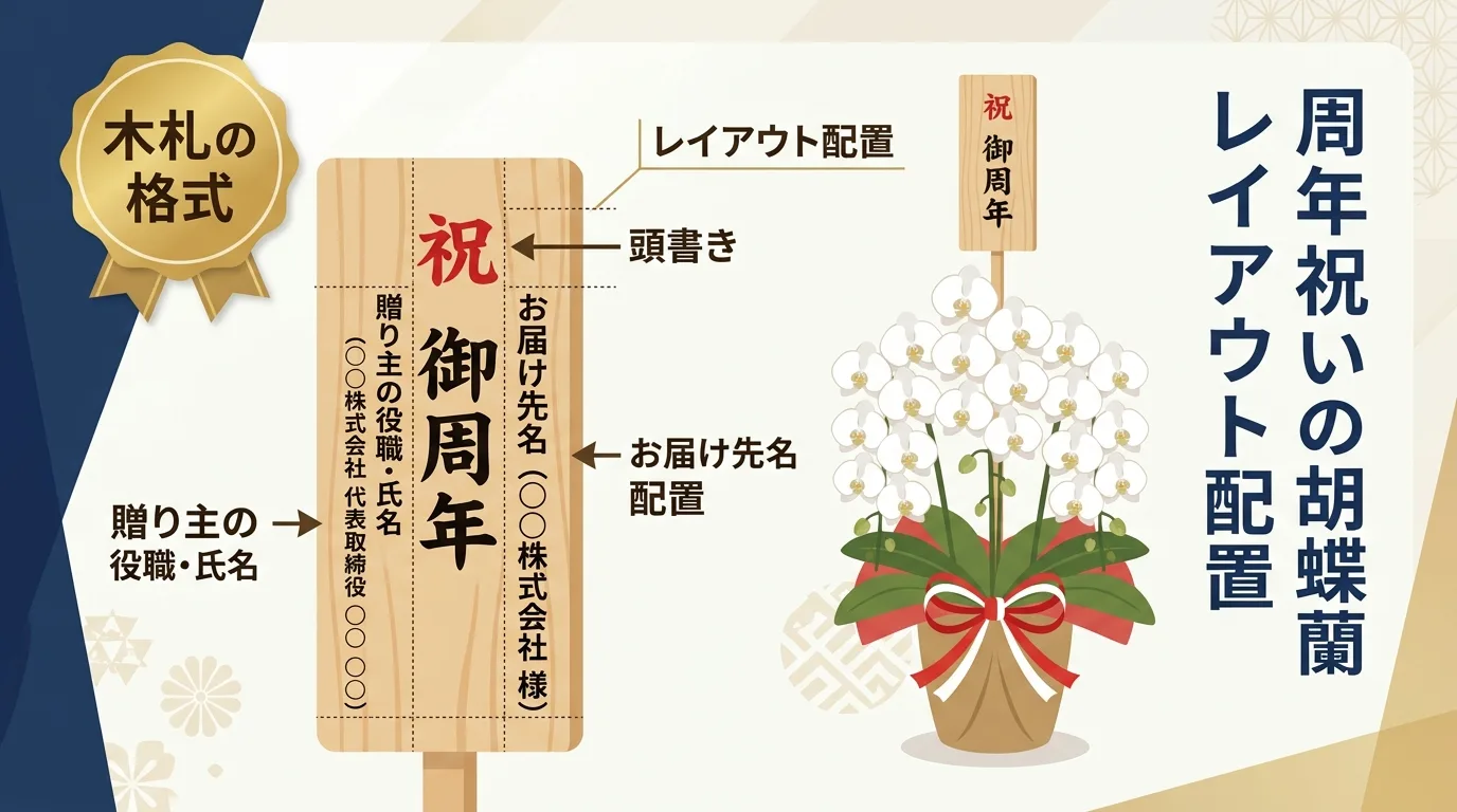 胡蝶蘭に添える木札の構成要素である頭書きと贈り主名の記載ルールを解説したイラスト