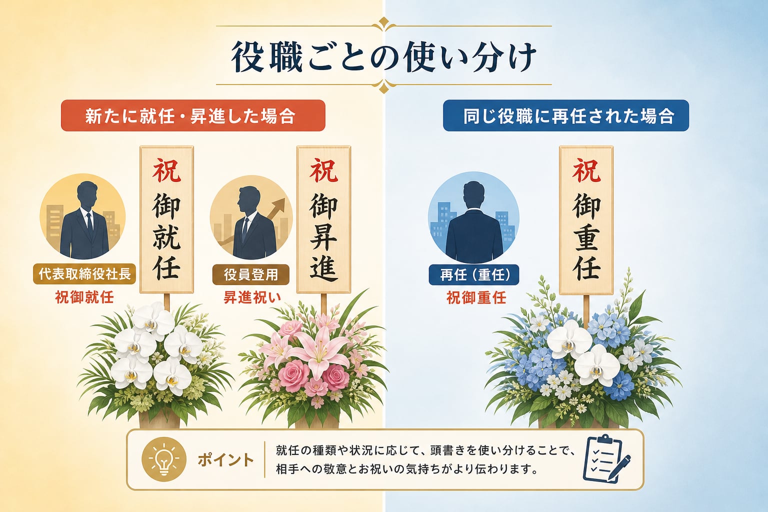【役職別】就任祝いの立札の書き方と文例はどう使い分けるか？