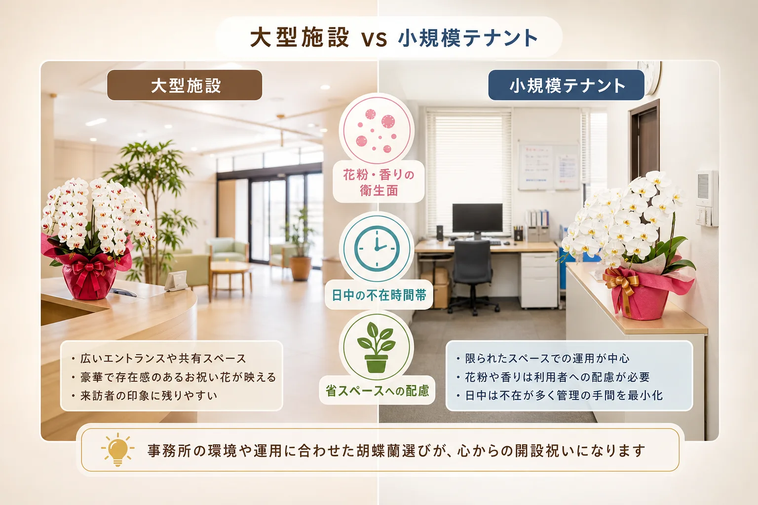 大型福祉施設と訪問介護事務所の広さや日中の在席状況を比較し配慮点をまとめた図表