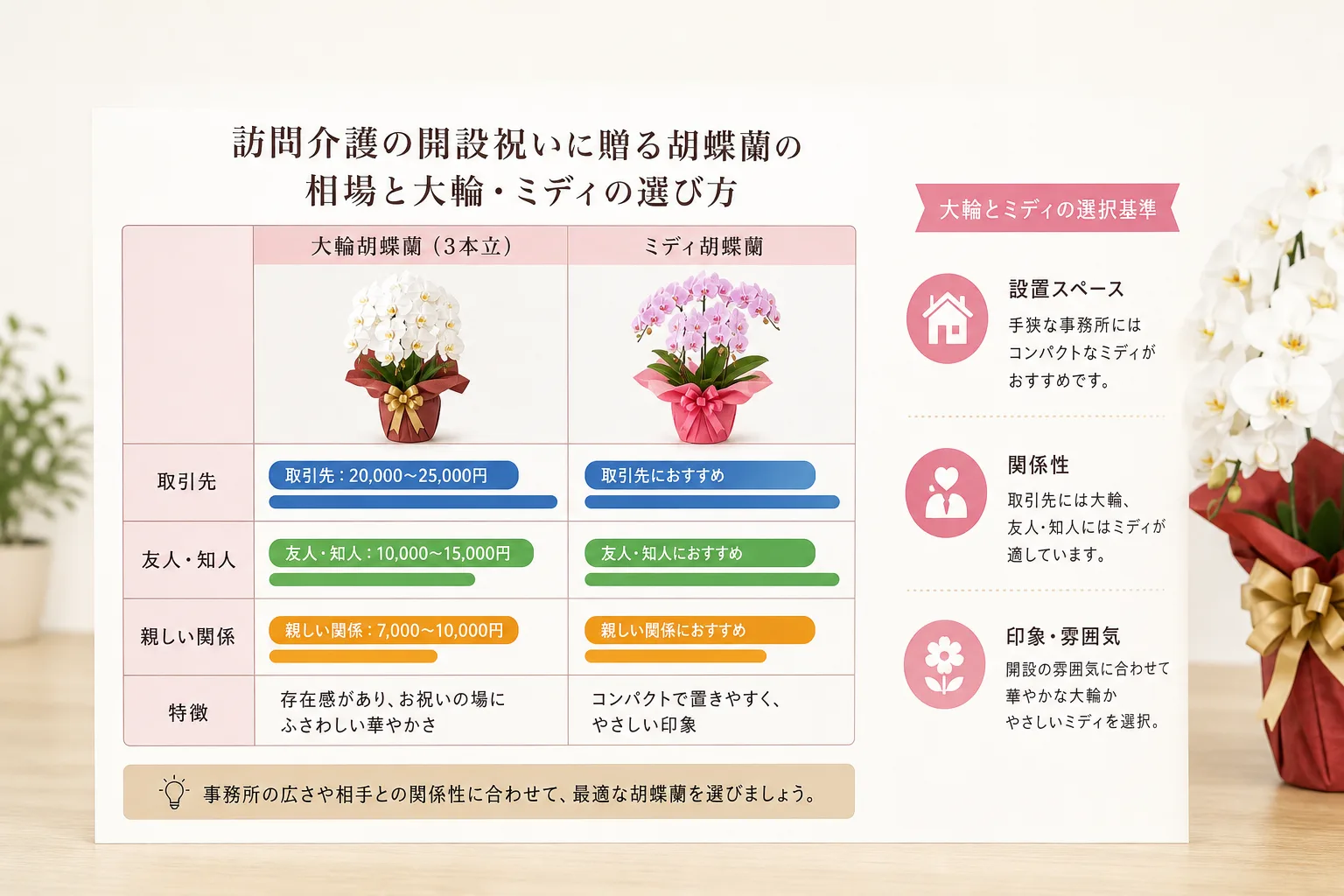 贈り先との関係性に応じた開設祝い胡蝶蘭の予算相場と規格の目安を示したデータチャート