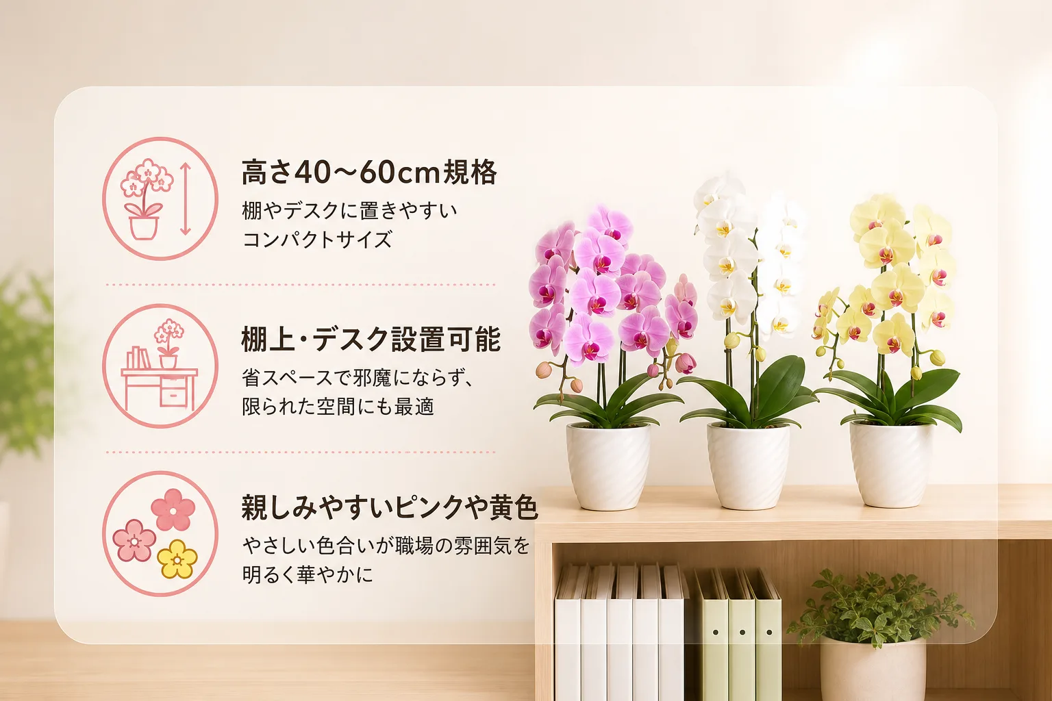 棚やカウンターの上にすっきり収まるミディ胡蝶蘭のサイズ感と推奨カラーをまとめたリスト画像