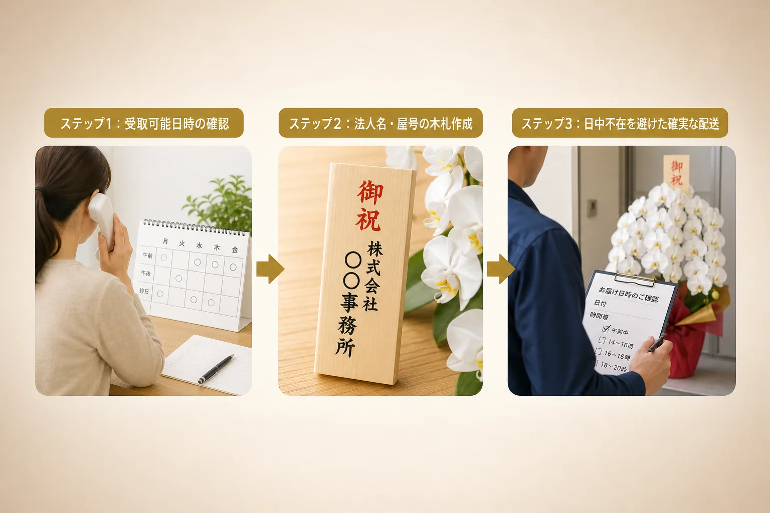 訪問介護事務所の受取スケジュール確認から木札作成・確実な配送までの手順を示したフローチャート