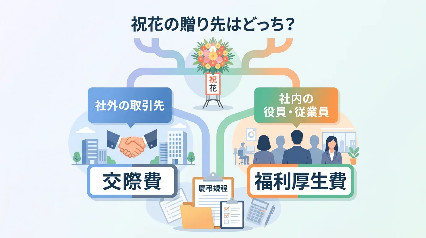 オフィスビル宛ての取引先への花は交際費、自社スタッフへの花は福利厚生費へ分岐することを示す概念図