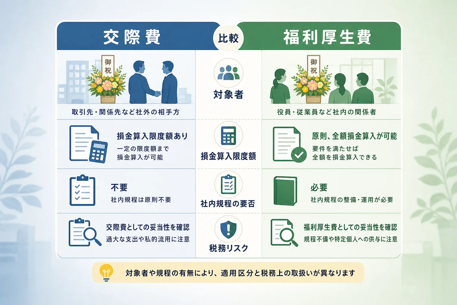 交際費と福利厚生費の対象者や損金算入の扱い、税務要件の違いを整理した比較表
