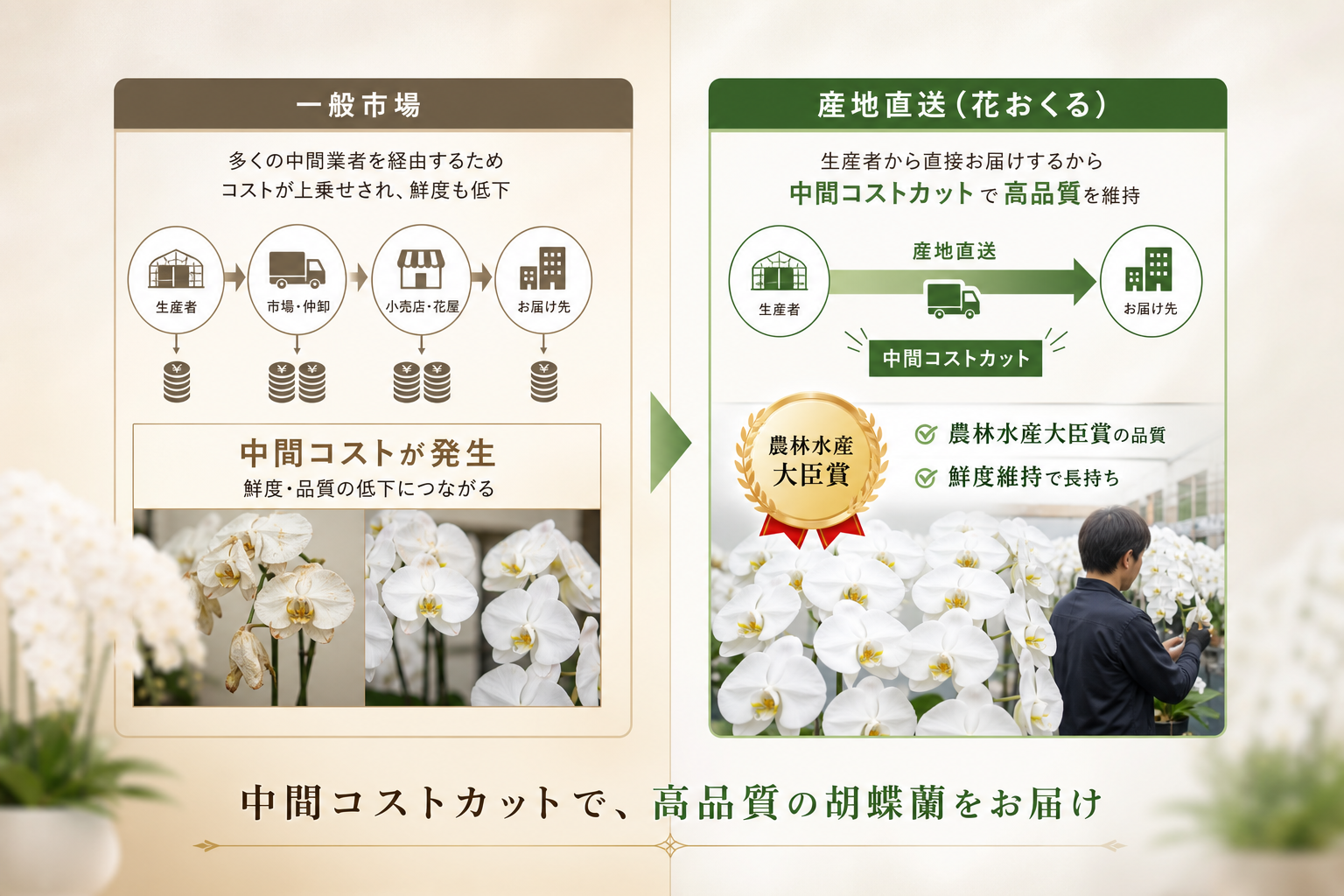 市場価格より23.4%安い胡蝶蘭がなぜ農林水産大臣賞の品質を維持できるのか？
