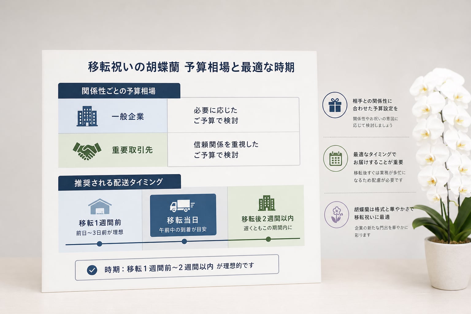 移転祝いの胡蝶蘭を贈る最適な時期と予算相場はいくらか？