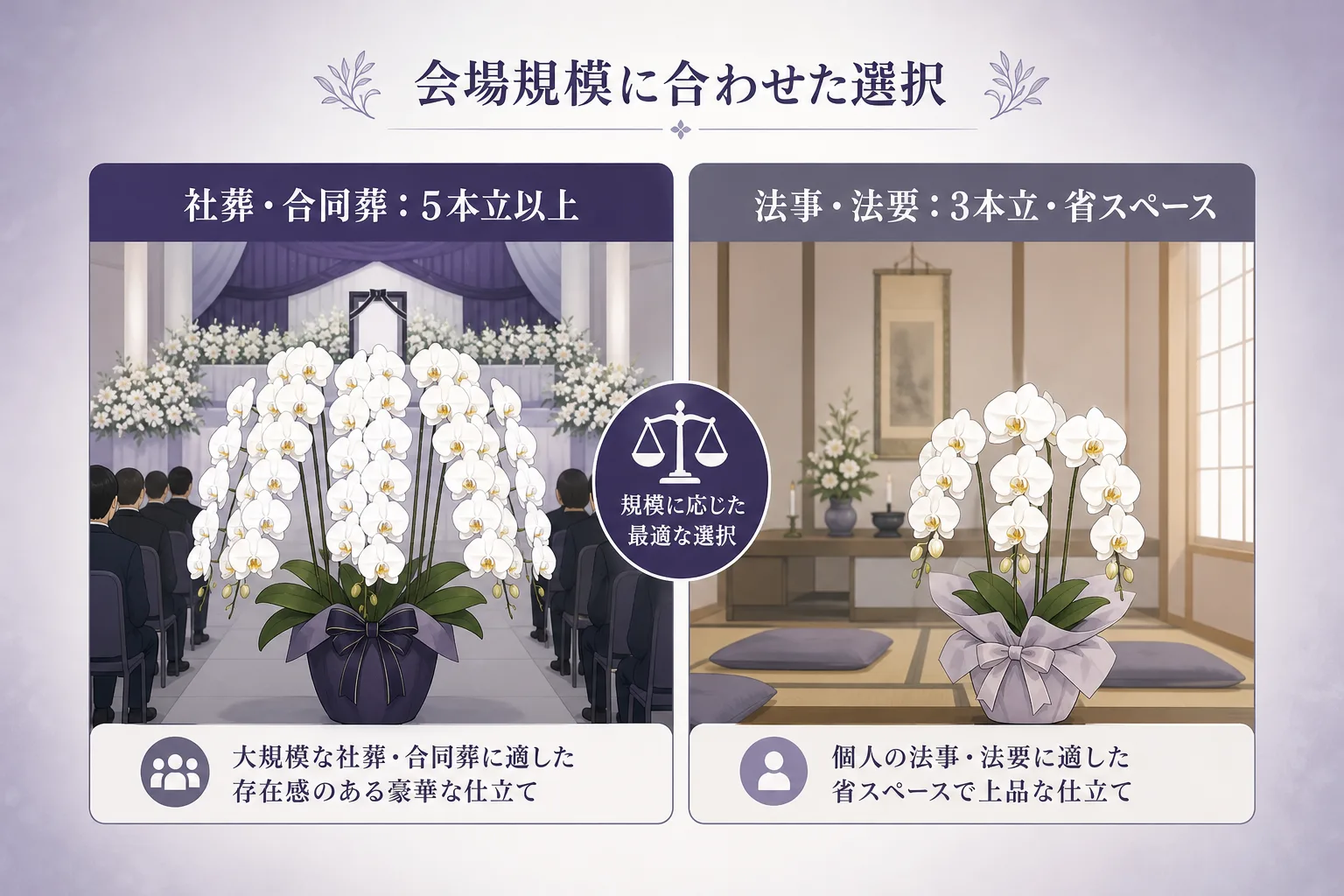 大規模な社葬用の5本立胡蝶蘭と法要向けの3本立胡蝶蘭の特徴を左右で比較した対比図