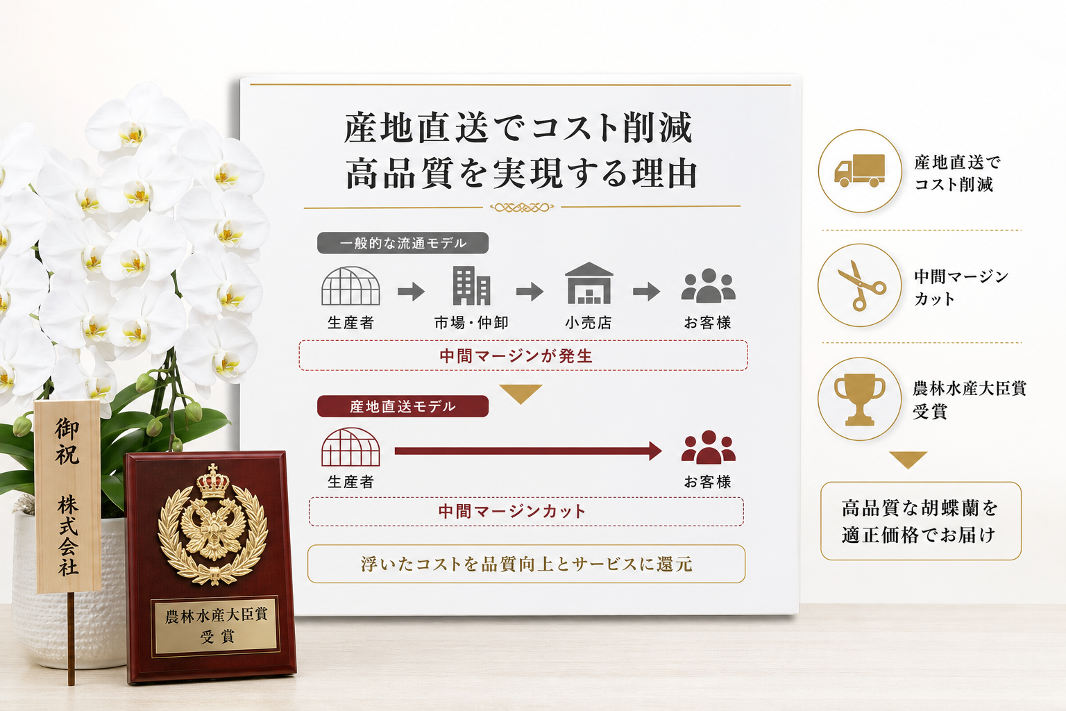 胡蝶蘭の産地直送で23.4%のコスト削減と最高賞の品質を両立できる理由は？