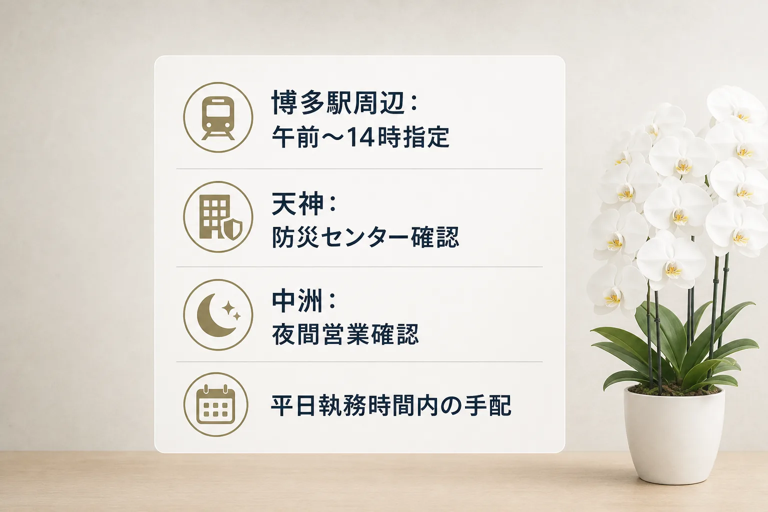 福岡のビジネス街や繁華街ごとの配送時間や搬入手続きの確認事項を並べたチェックリスト