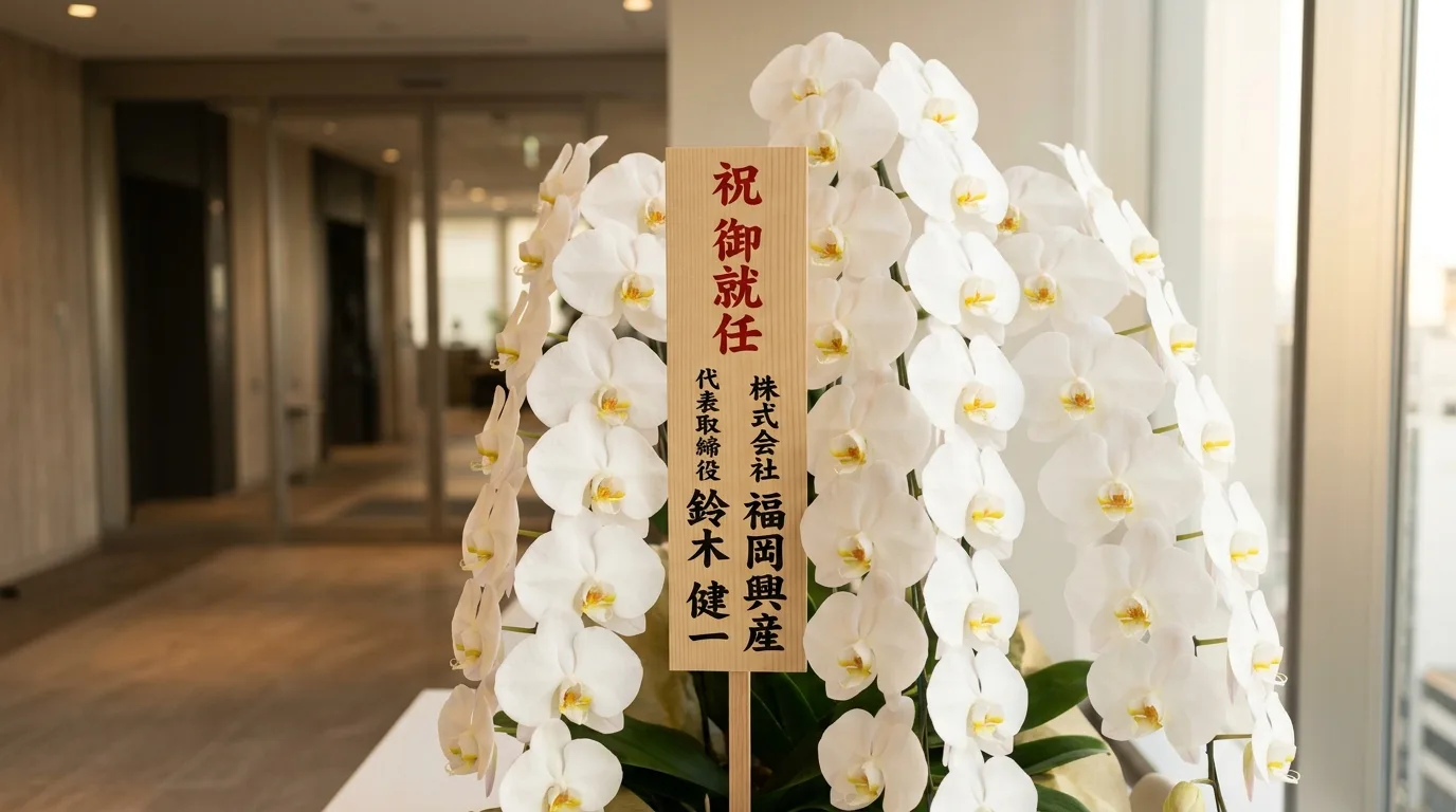 「祝 御就任」と贈り主の会社名が格式高く記載された本物の木札が添えられている大輪の白い胡蝶蘭