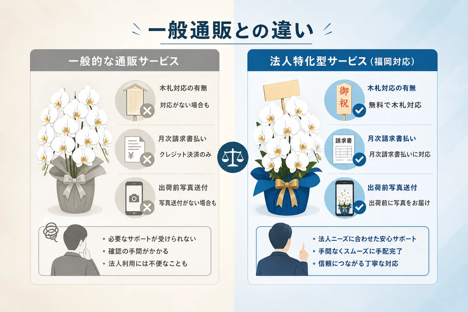 一般生花店と法人特化サービスにおける立札や支払い方法、写真確認の対応差を整理した比較表