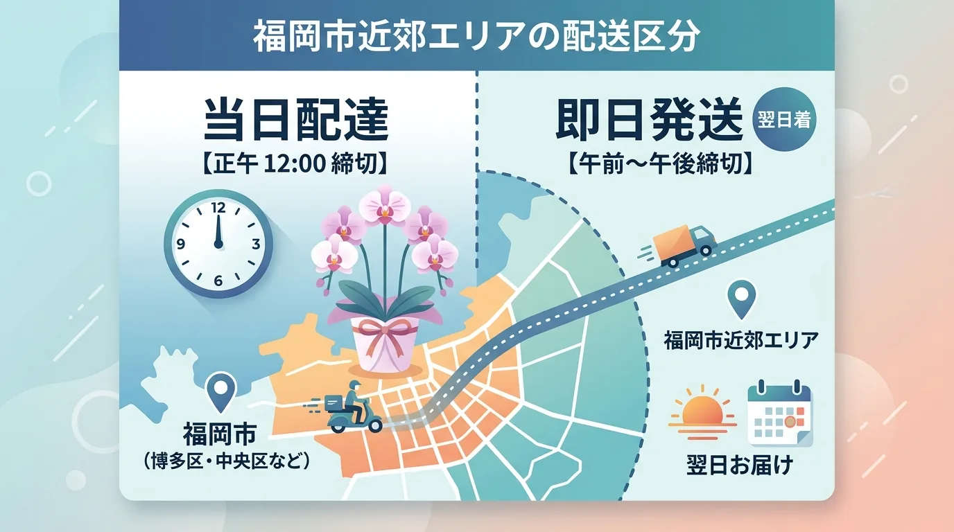 福岡市内の主要ビジネス街と周辺エリアの配送締切時間を示したインフォグラフィック