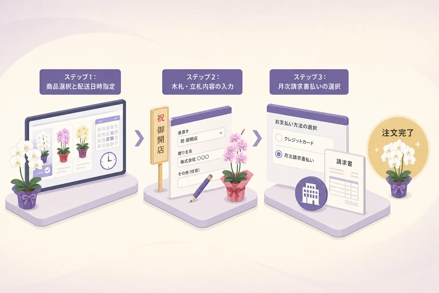 法人向け胡蝶蘭の手配から請求書払いや木札指定を完了するまでの3ステップの手順図