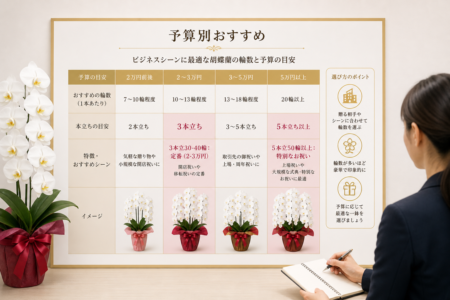 ビジネスシーンに最適な胡蝶蘭の輪数と予算の目安は？