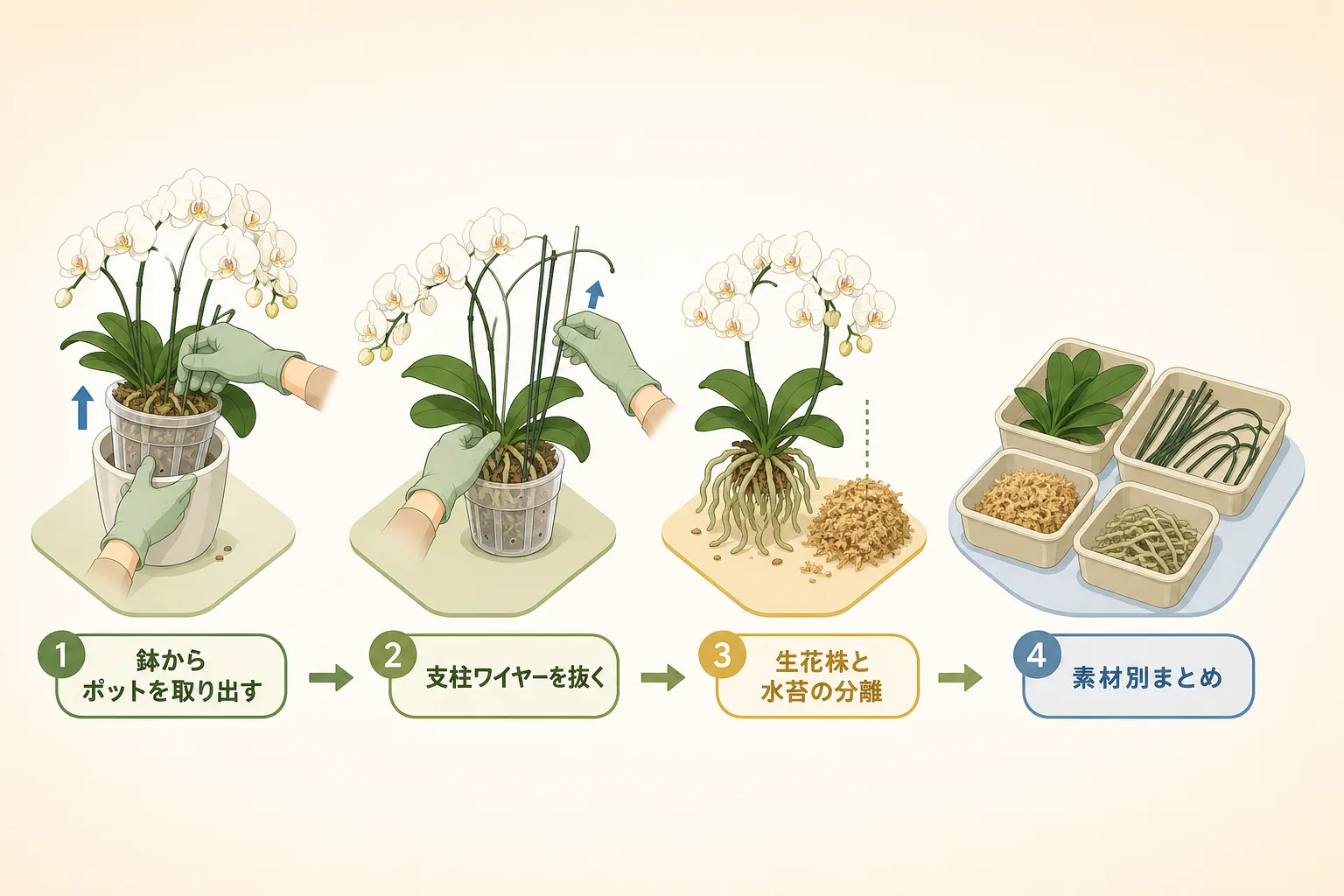 鉢からポットを抜きワイヤーと株を順番に分別する胡蝶蘭の解体手順ステップ図