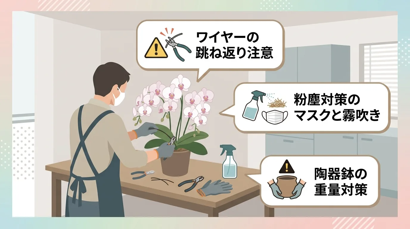 マスクを着用し霧吹きをかけながら安全に胡蝶蘭のワイヤーを処理する作業風景のイラスト