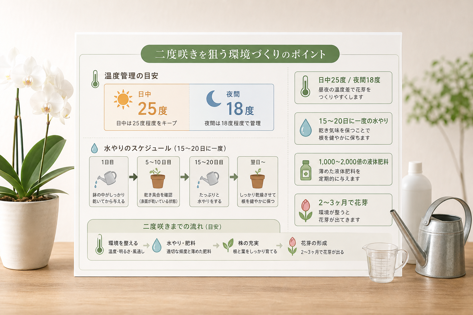 二度咲きを狙う際の水やりや温度管理はどうすればよいか？（開花を促す環境づくり）