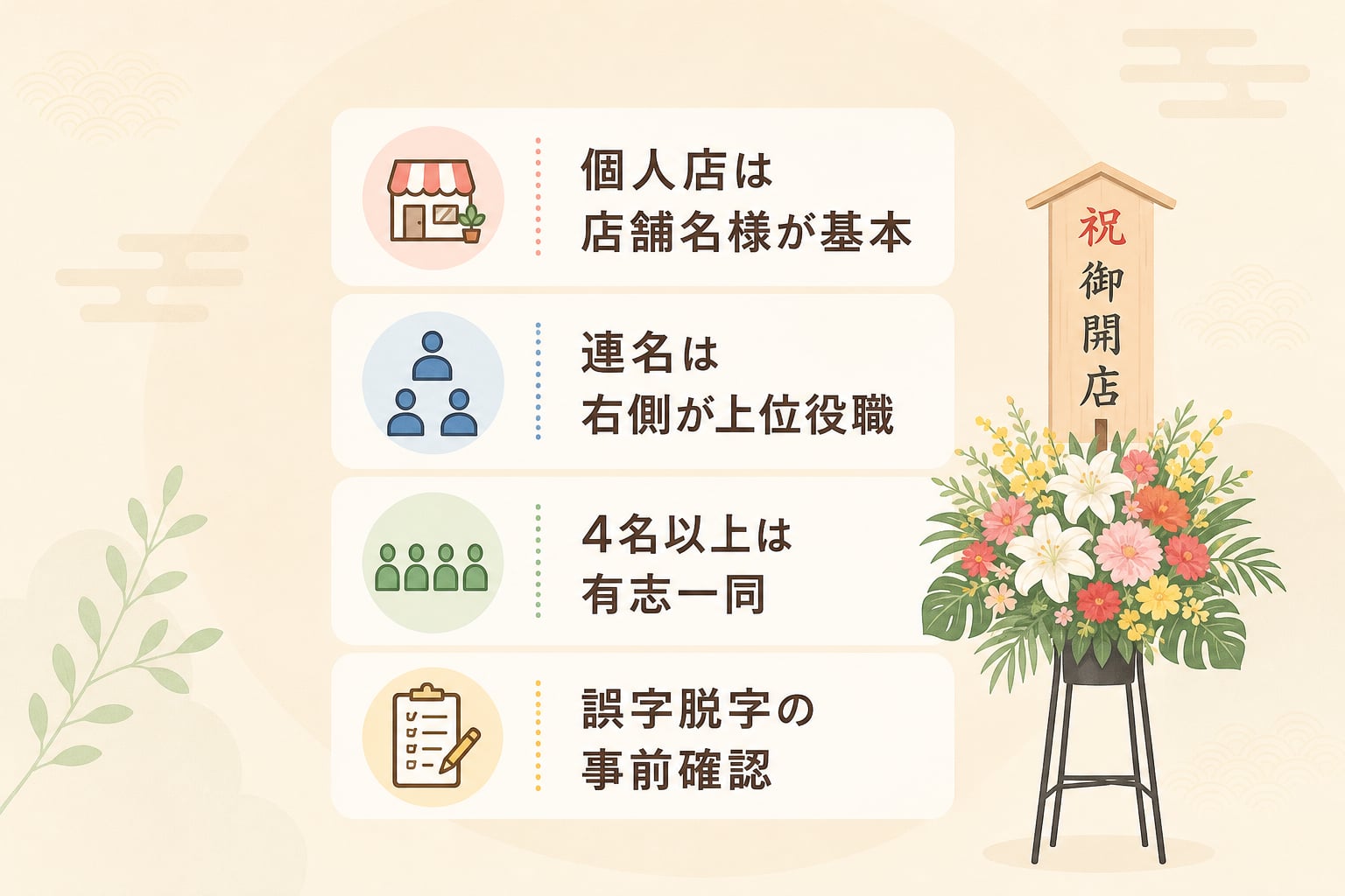 個人店宛てや連名の場合は開店祝いの立札をどう書くべきか？