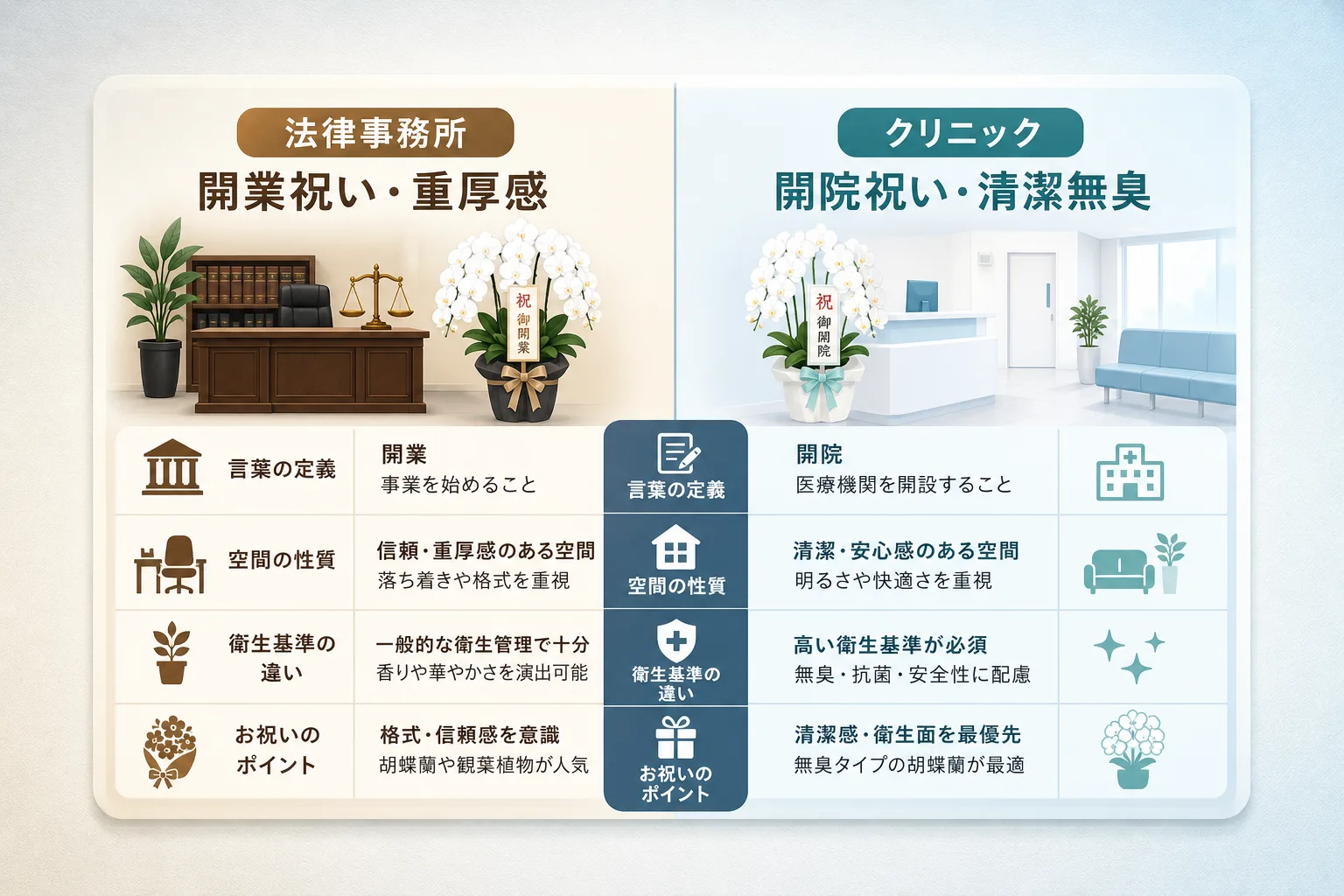 法律事務所とクリニックの祝い方について、呼称や空間の目的、衛生面の違いを対比した比較図表