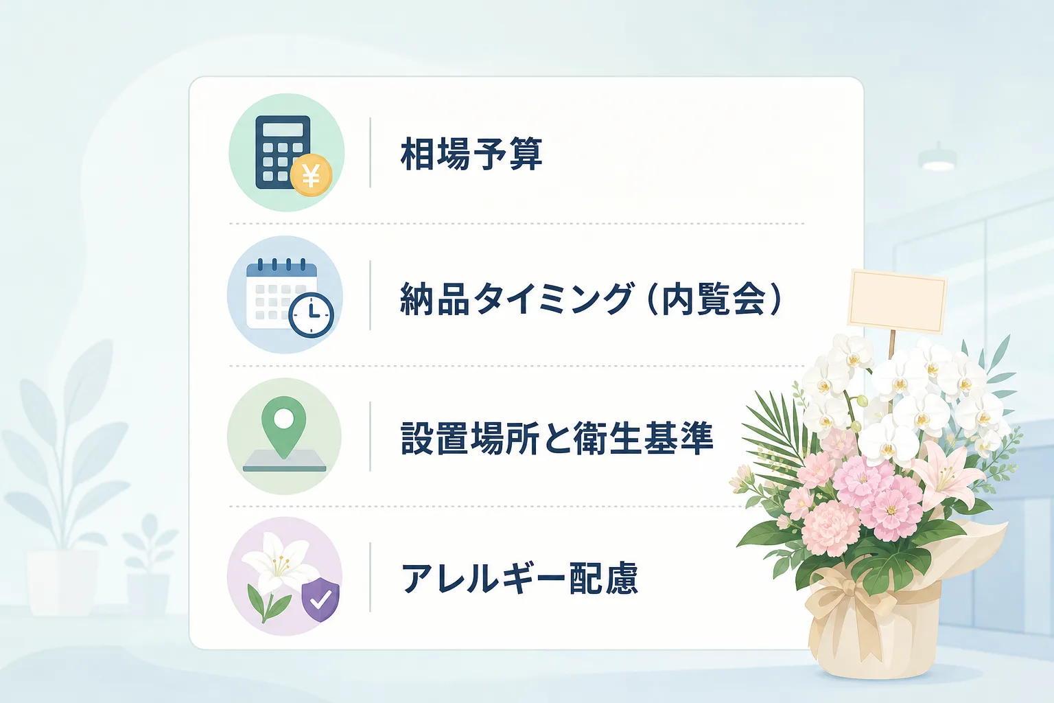 お祝い花の手配基準である予算・納品日・設置場所・衛生対策がチェックリスト形式で並ぶイラスト