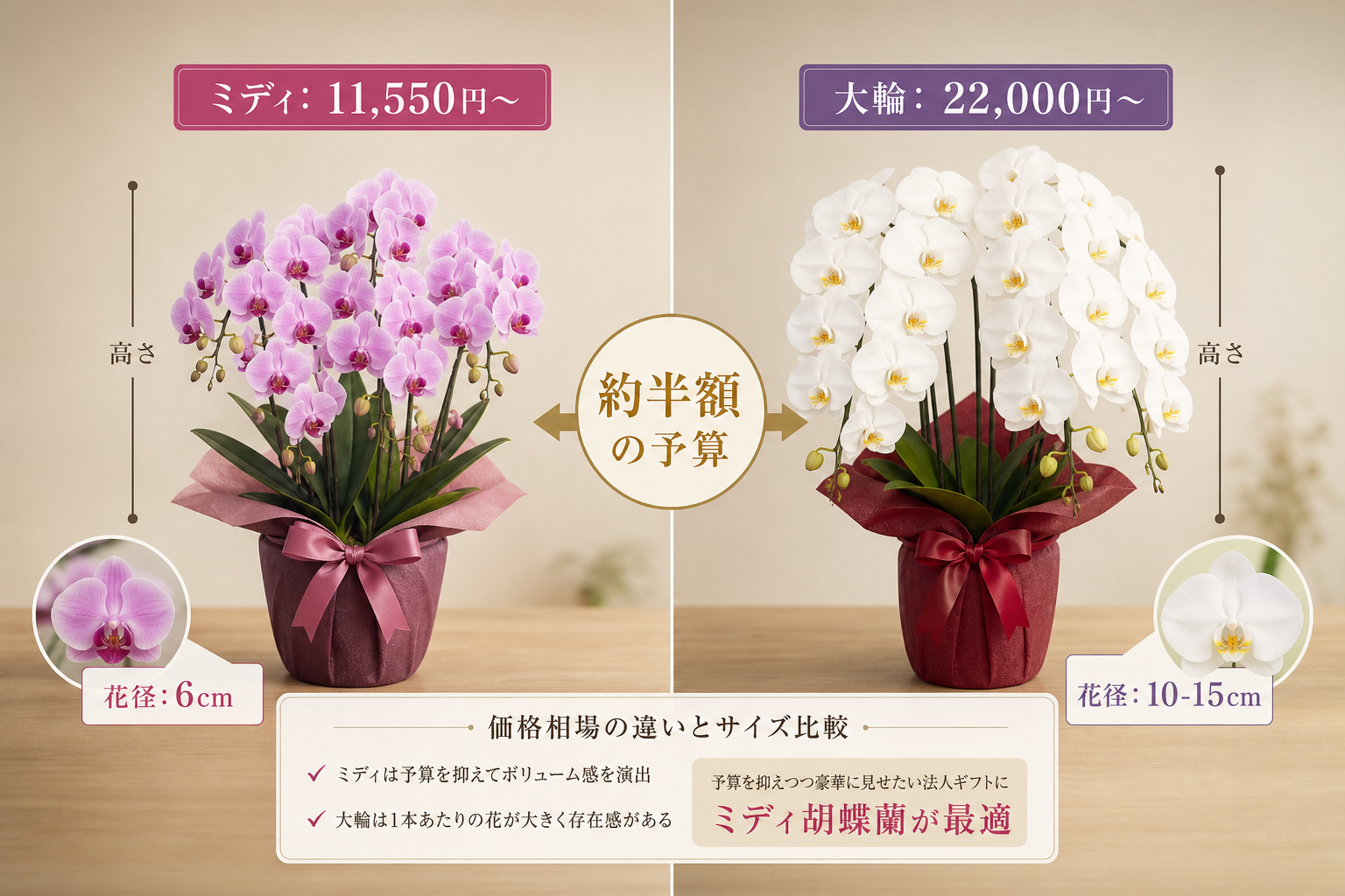 ミディ胡蝶蘭の価格相場は大輪とどう違うのか？