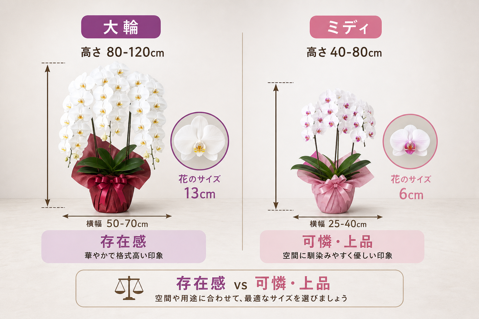 ミディ胡蝶蘭とはどのような花か？大輪胡蝶蘭とのサイズや特徴の違いを徹底比較