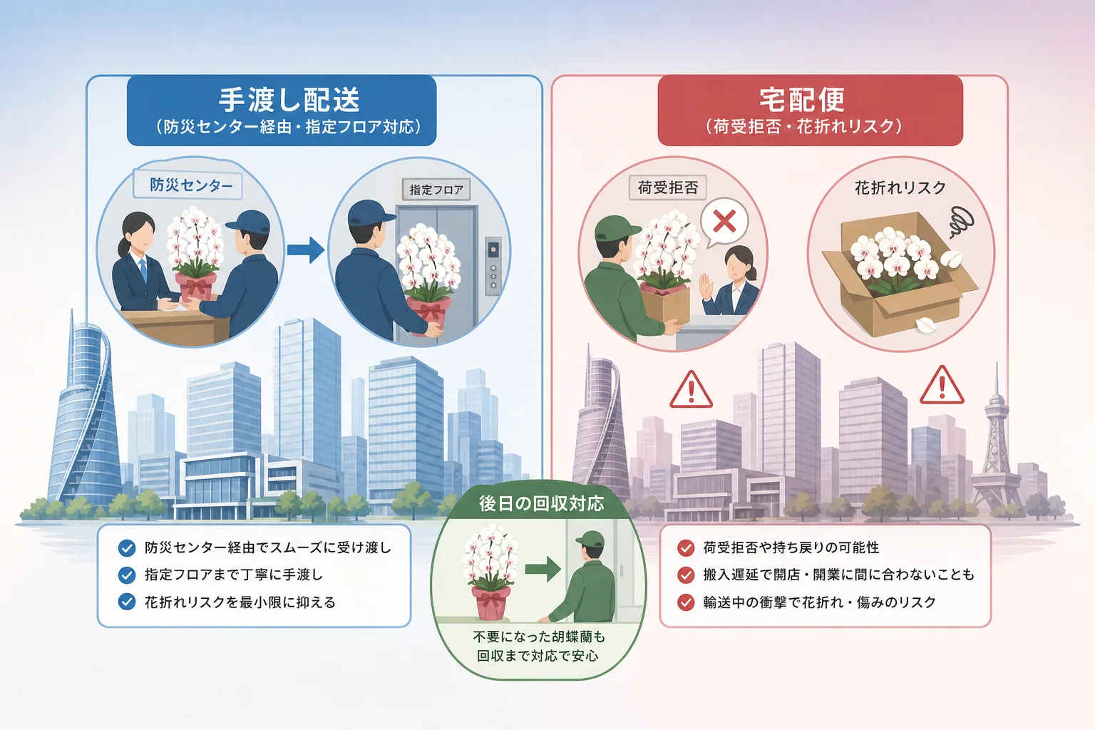 胡蝶蘭の手渡し配送と宅配便配送の搬入フローや安全性、回収対応の有無を比較した図解表