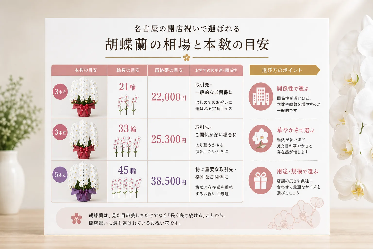 開店祝い用胡蝶蘭の3本立と5本立の輪数および相場価格を比較したデータチャート