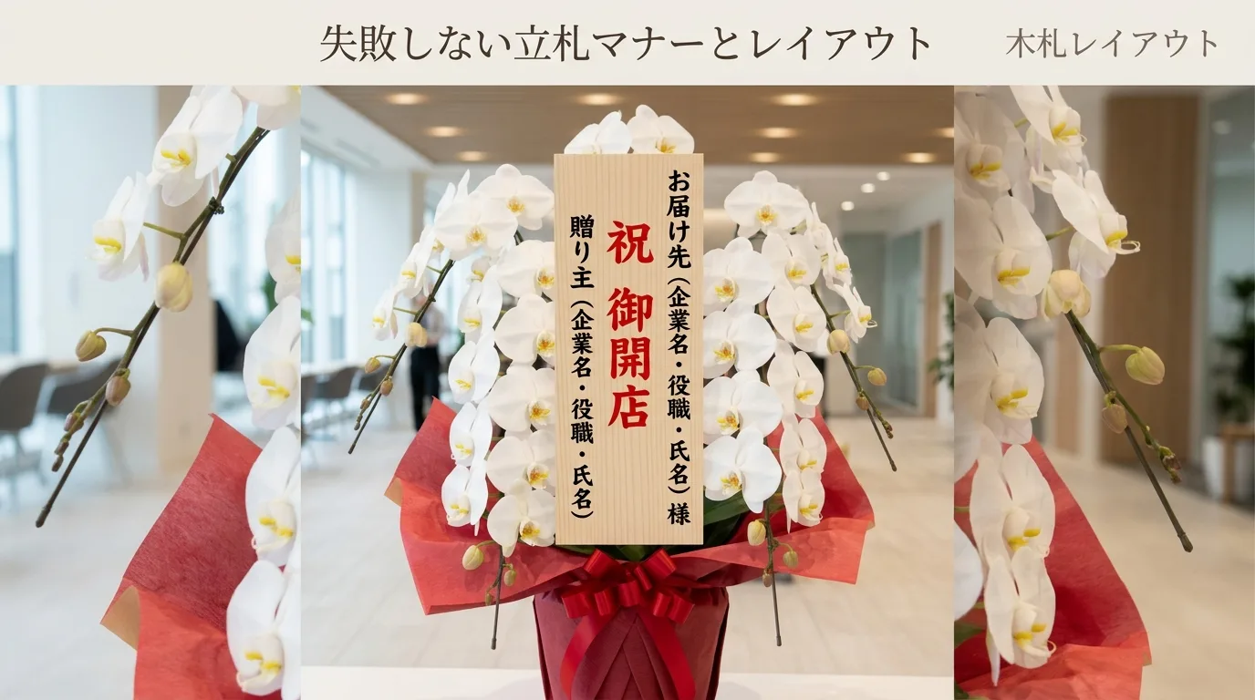 胡蝶蘭に添える木札のお祝い名目や会社名・代表者名の正しい配置パターンを示した図解