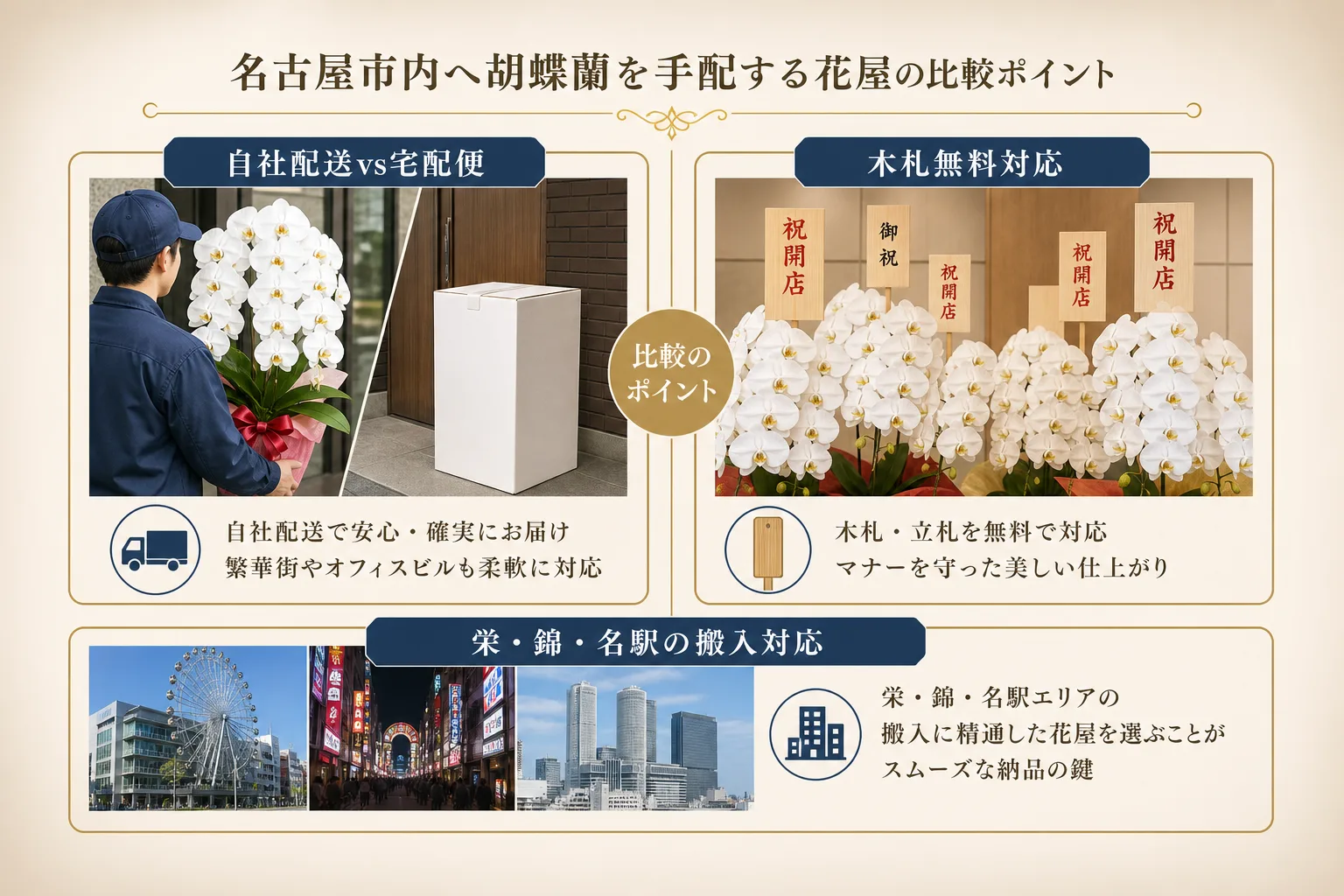 名古屋市内の花屋選びにおける配送方法や立札オプションの比較ポイントをまとめた表