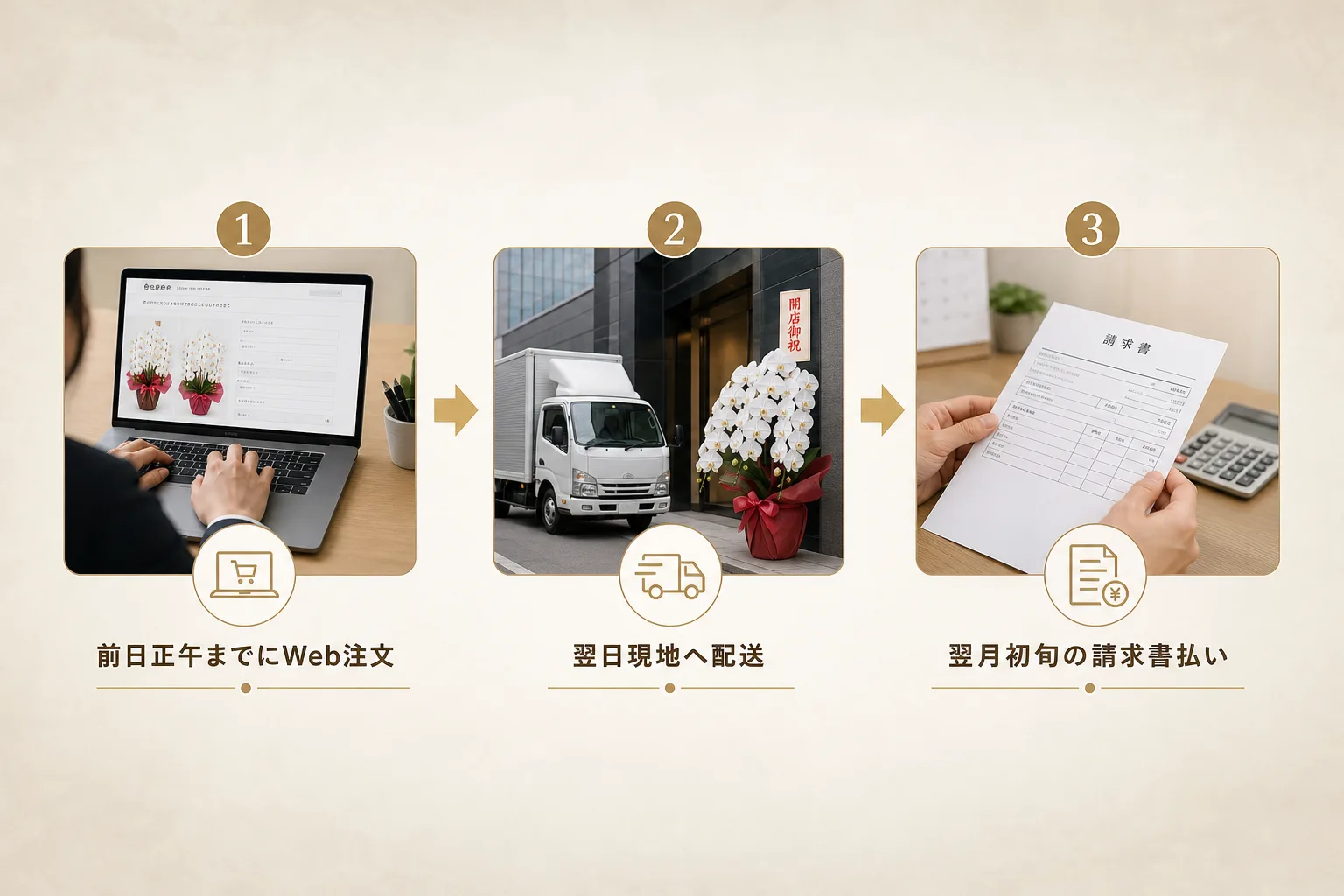 急ぎの開店祝い注文から翌日お届け、法人向け請求書発行までの流れを示す手順フロー図