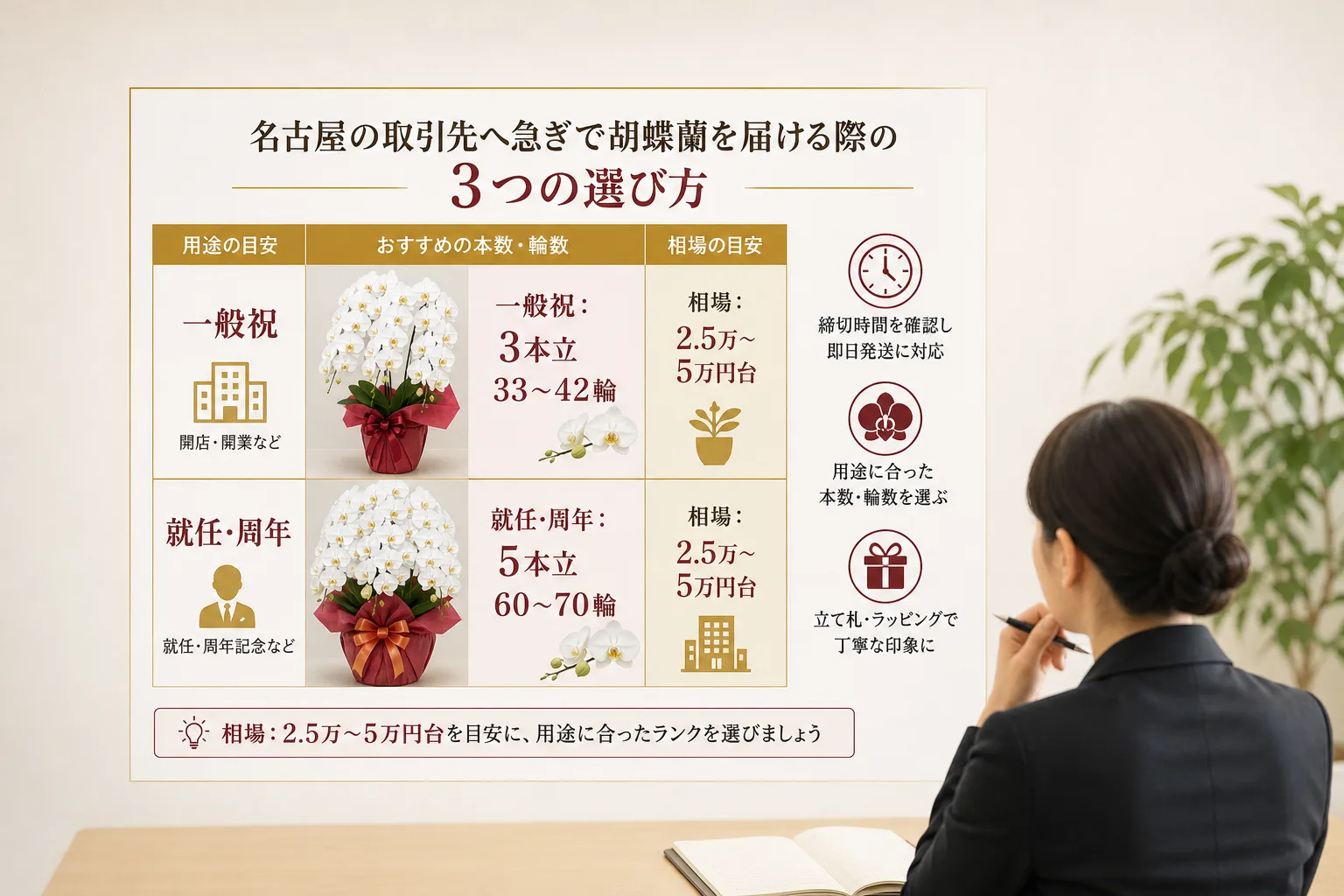 用途別の胡蝶蘭の本数・輪数の違いと一般的な予算相場をまとめたインフォグラフィック