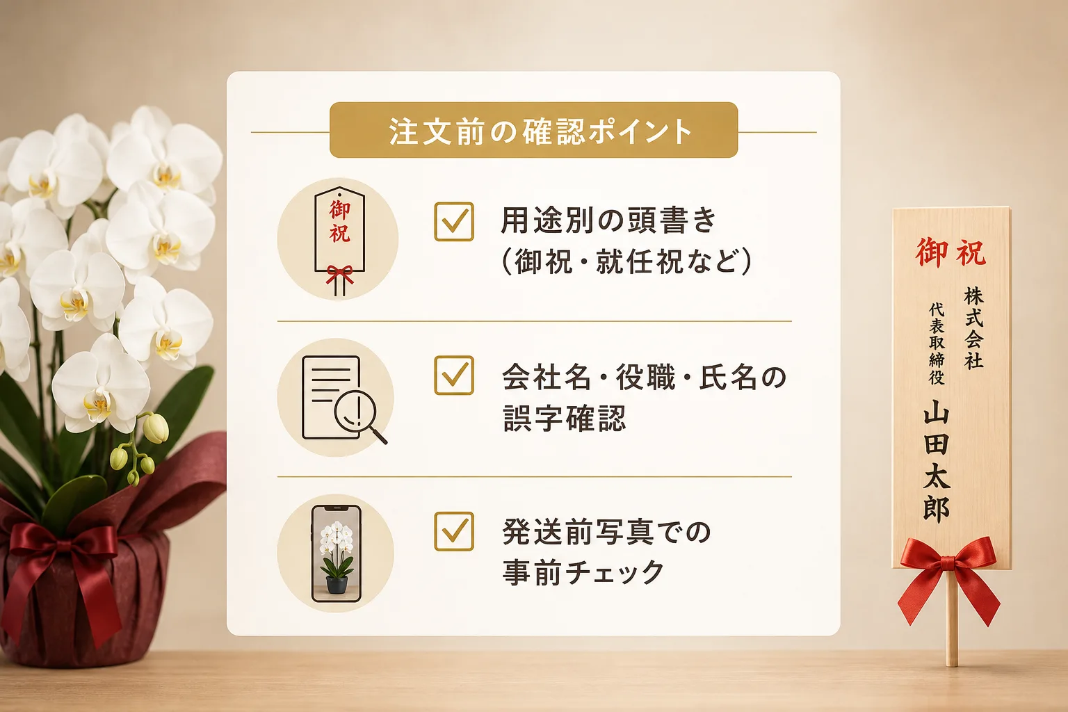 胡蝶蘭の木札に記載する頭書きマナーと誤字脱字を防ぐ注文チェックリストの図