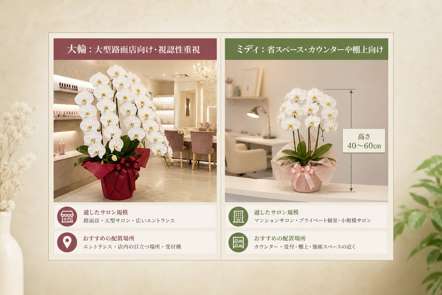 ネイルサロン開店祝い胡蝶蘭は大輪とミディのどちらが良いか？