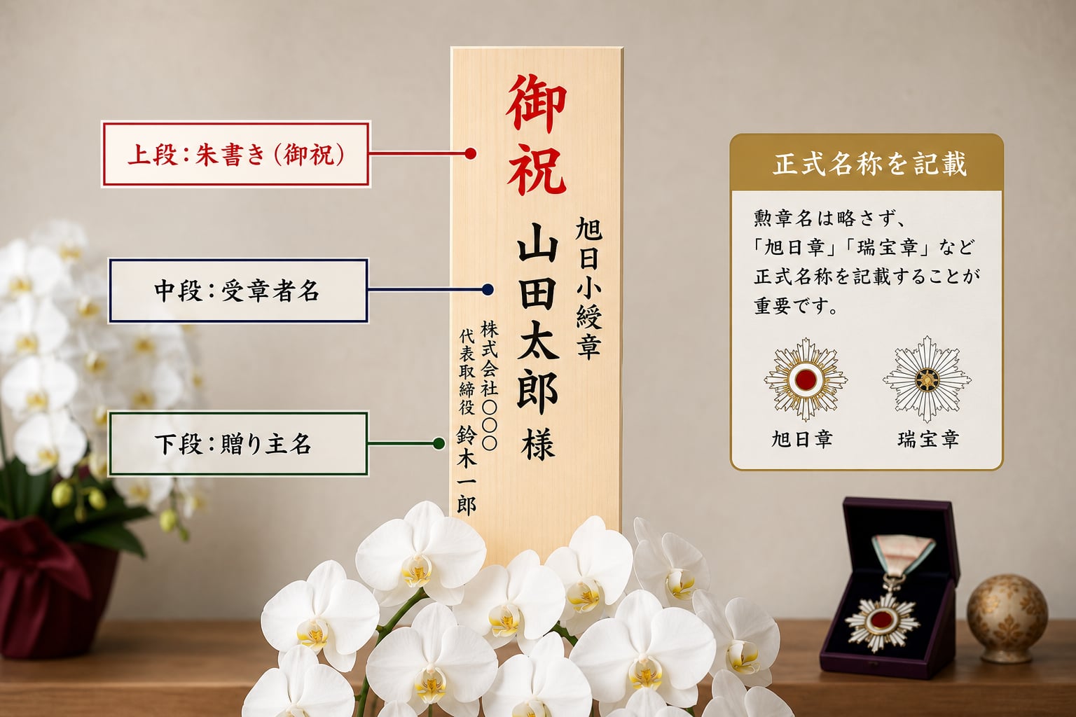 旭日章や瑞宝章を冠した立札の例文と正しい書き方は何か？