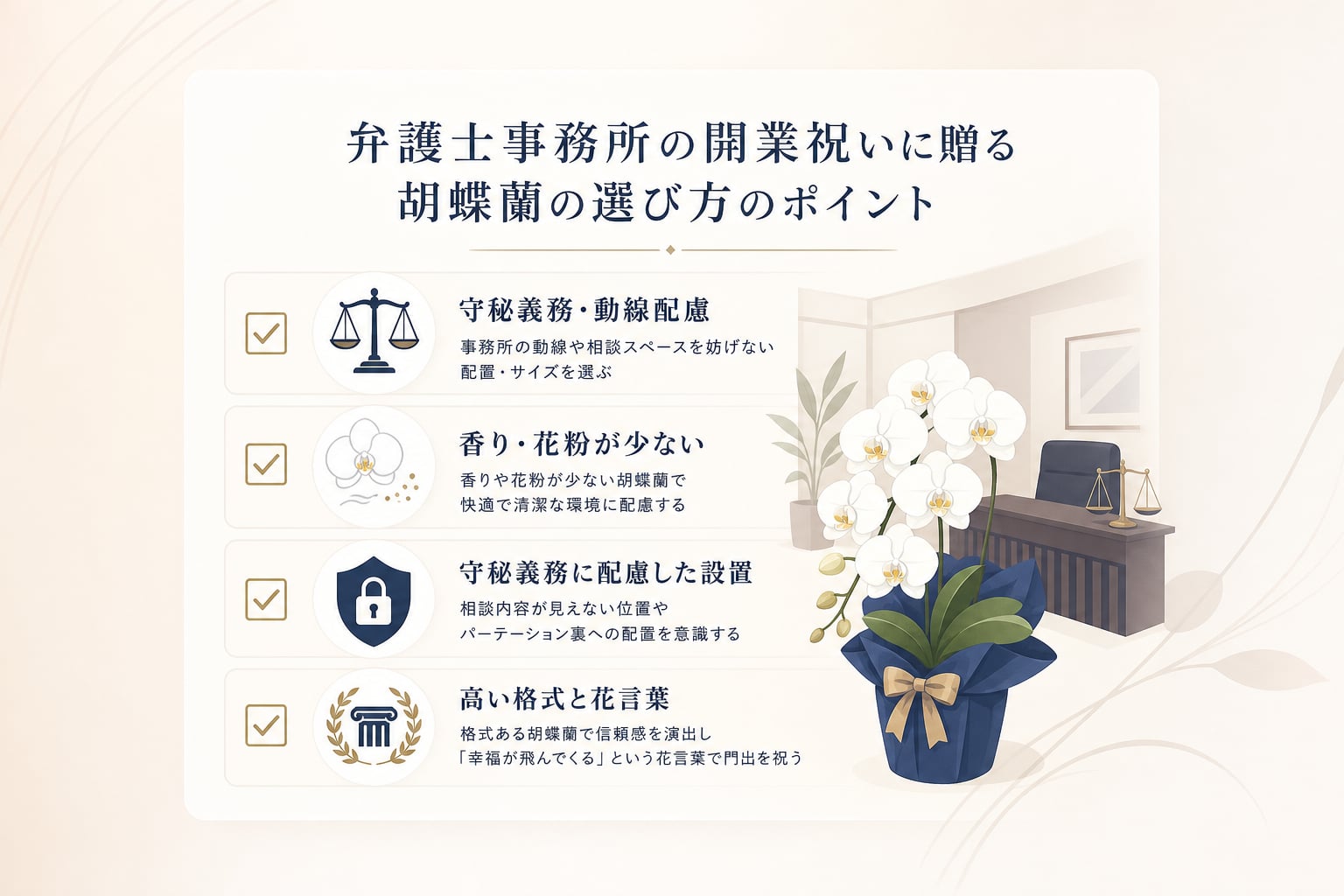 弁護士事務所の開業祝いに贈る胡蝶蘭は何を基準に選ぶべきか？