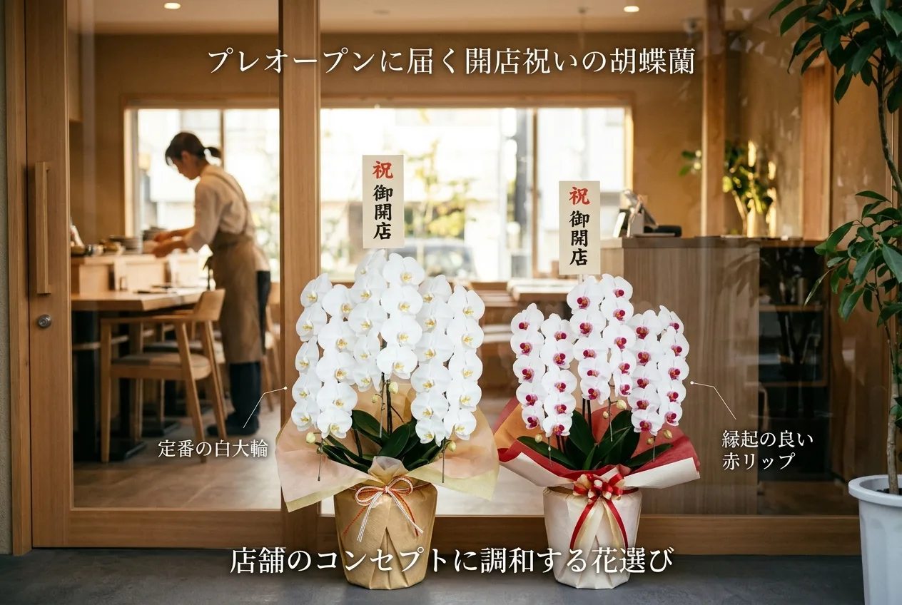 シックなレストランのカウンター横に飾られた上品な赤リップの胡蝶蘭の鉢植え