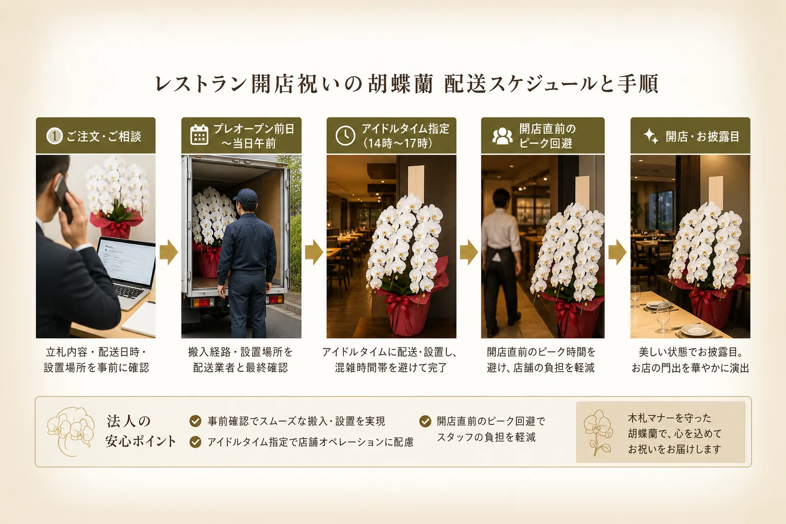 レストランの仕込み時間やピーク時を避けて胡蝶蘭を届ける最適な配送タイミングの図解