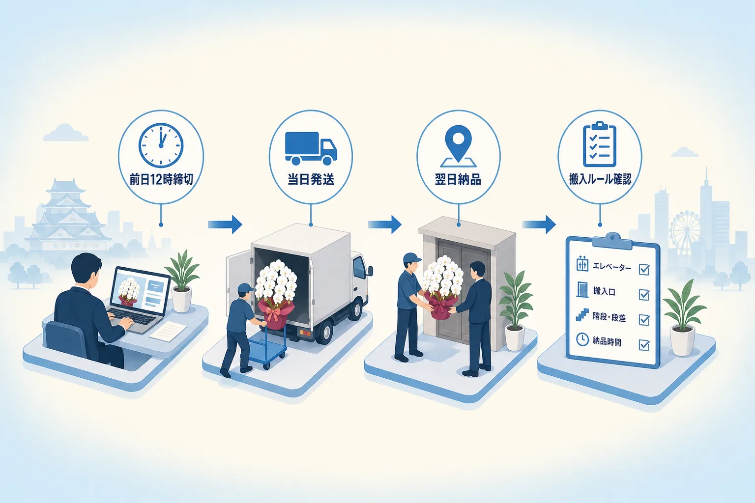 前日12時の発注締め切りから当日出荷、翌日の大阪オフィス到着までの流れを示した工程図