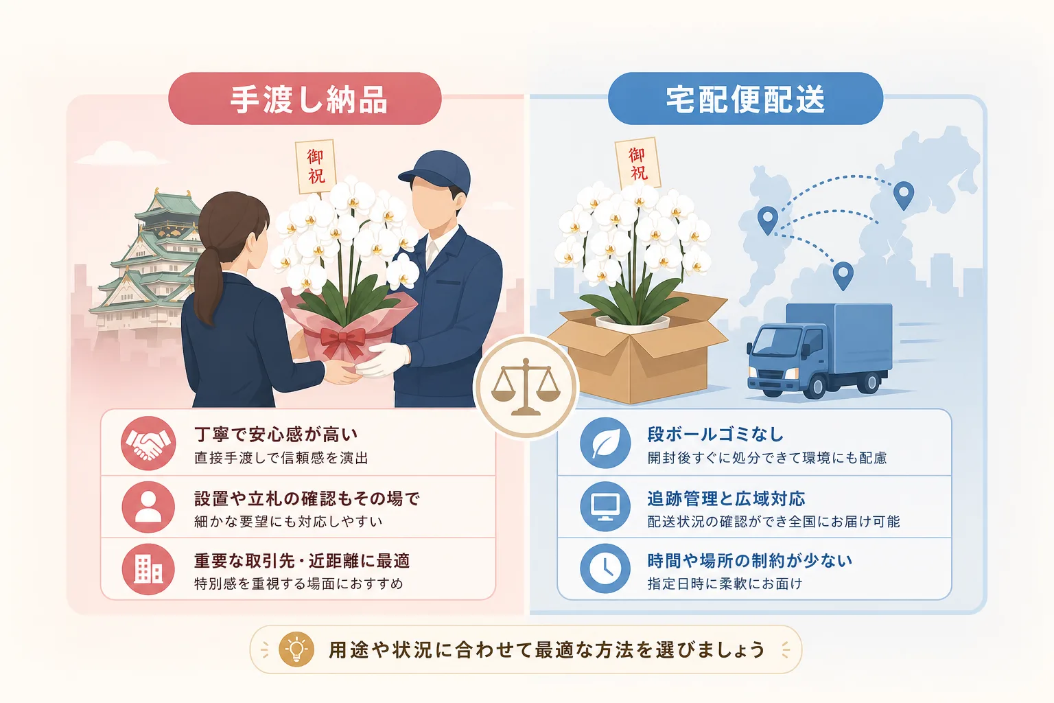 スタッフによる手渡し納品と専用梱包の宅配便配送の特徴を一覧で比較した図表