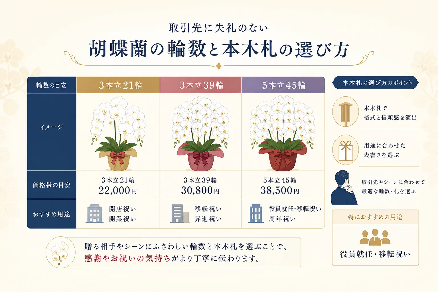 胡蝶蘭の本数や輪数に応じた価格帯と主な慶事用途の関係を整理したデータチャート