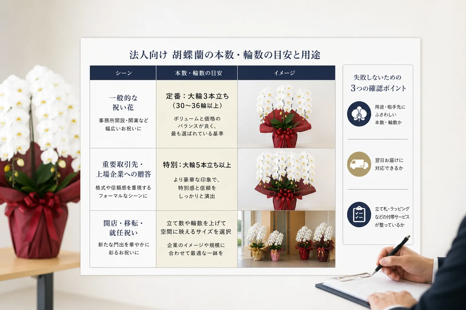 胡蝶蘭の立ち数と輪数ごとの見栄えの違いや適切な用途・予算の目安を示したデータチャート