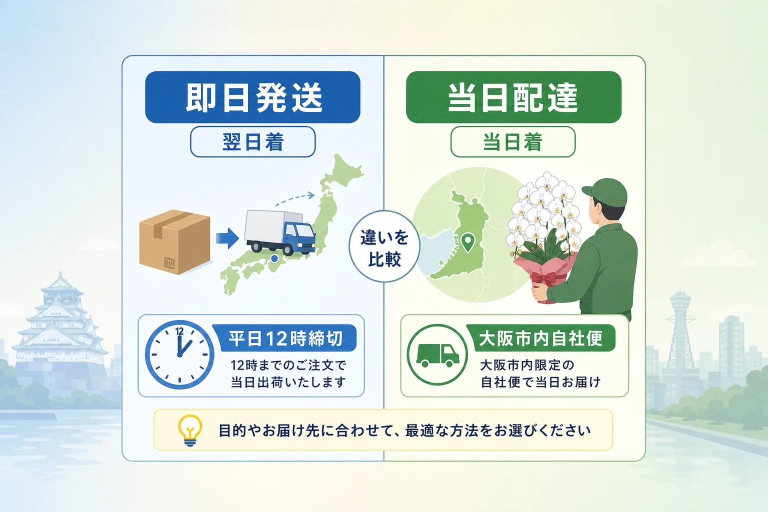 即日発送と当日配達の違いを締切時間や到着目安、対象エリアごとに比較したわかりやすい表