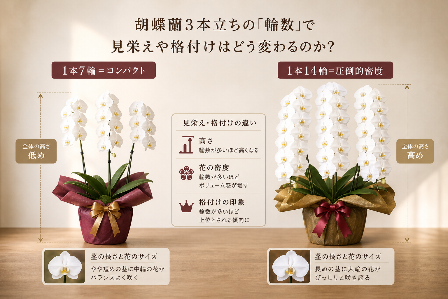 胡蝶蘭3本立ちの「輪数」で見栄えや格付けはどう変わるのか？