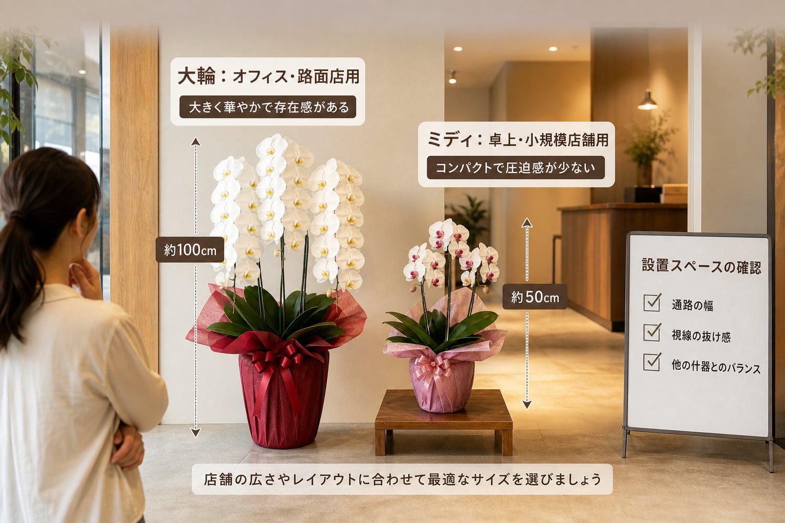 店舗の広さに最適な胡蝶蘭のサイズは？大輪3本立とミディ胡蝶蘭のどちらを選ぶべきか？