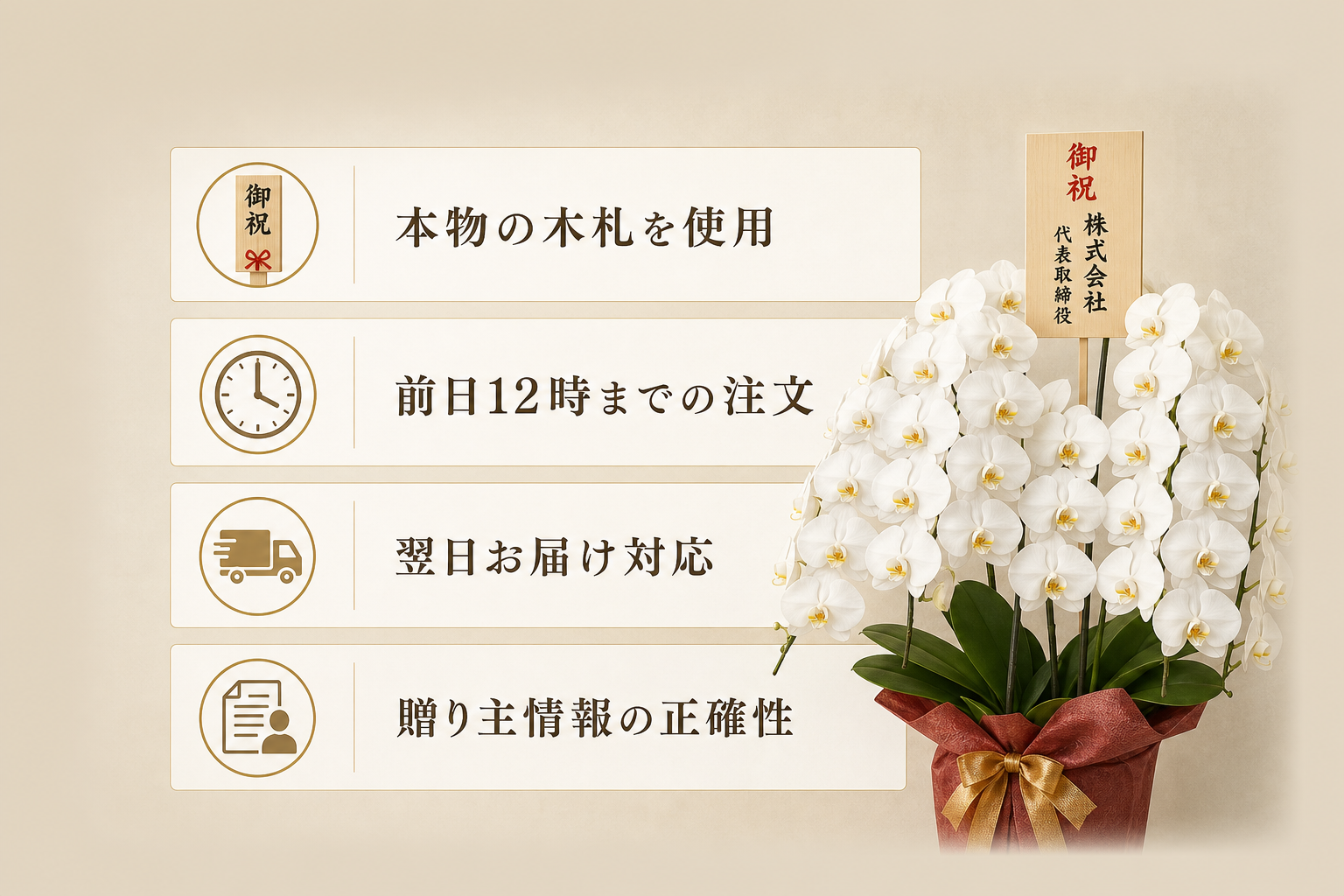 7本立ち胡蝶蘭を贈る際のマナーとは？立札の書き方や急ぎの手配方法を解説 [比較/箇条書き]