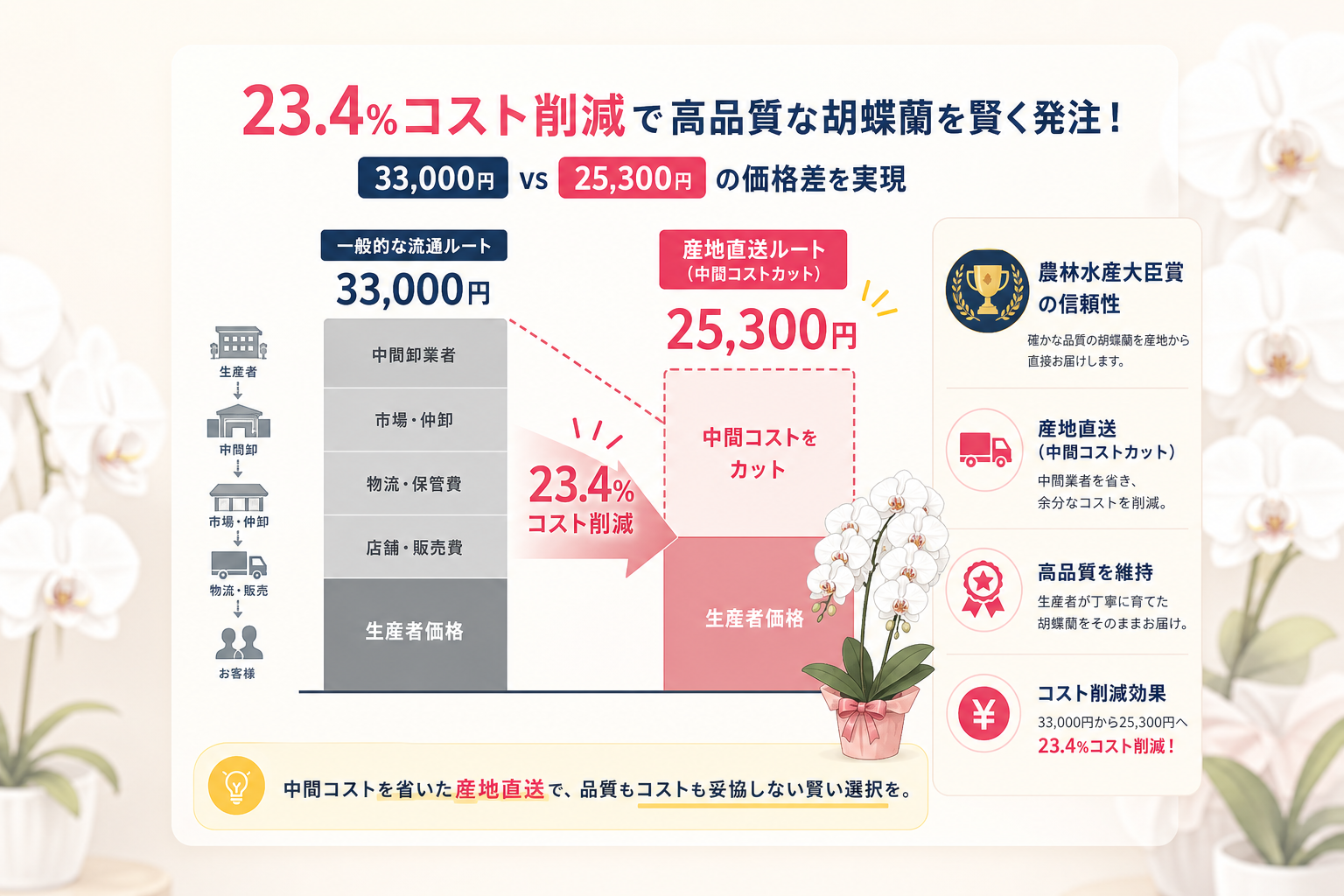 高品質な胡蝶蘭を23.4%コスト削減して賢く発注する手順とは？ [具体数値あり]