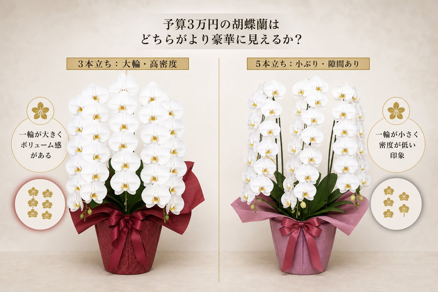 予算3万円の胡蝶蘭は「3本立ち」と「5本立ち」のどちらが最も豪華に見えるか？